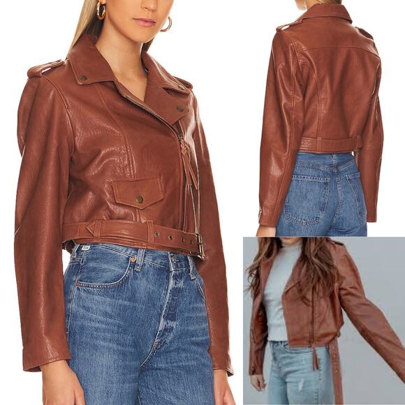 CLEOBELLA LEATHER JACKET CROPPED MOTO BROWN MOCHA CAFE CITY EDGY FALL LUXE - Picture 1 of 16